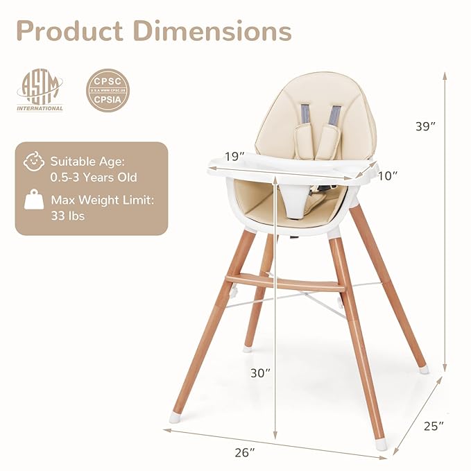 HONEY JOY Baby High Chair, Eat & Grow Beech Wooden Highchair for Babies and Toddlers, Removable Double-Layer Food Tray, 5-Point Harness, PU Cushion and Footrest for Infants Boys Girls (Beige)