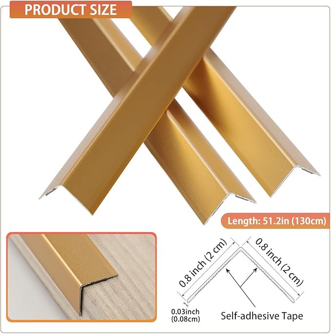 QDYMXUN Aluminum Self Adhesive Wall Corner Guards, Peel and Stick L-Shaped Metal Protector Strips for Door Frame, Furniture Edge and Home Protection (Matte Gold, 4pcs x 51.2''L x 0.8''W)