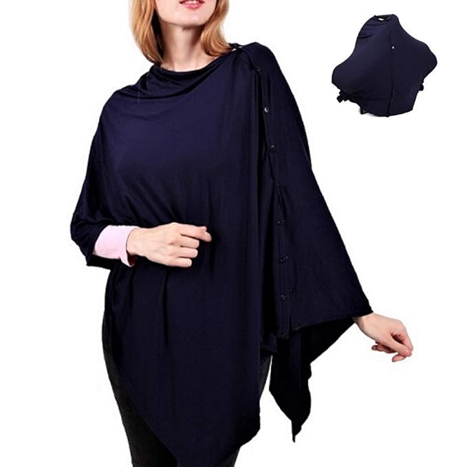 Nursing Cover for Breastfeeding - Infant Car Seat Canopy - Poncho Style with Snap On Buttons - Soft Baby Blanket - Elegant Shawl (Navy Blue)