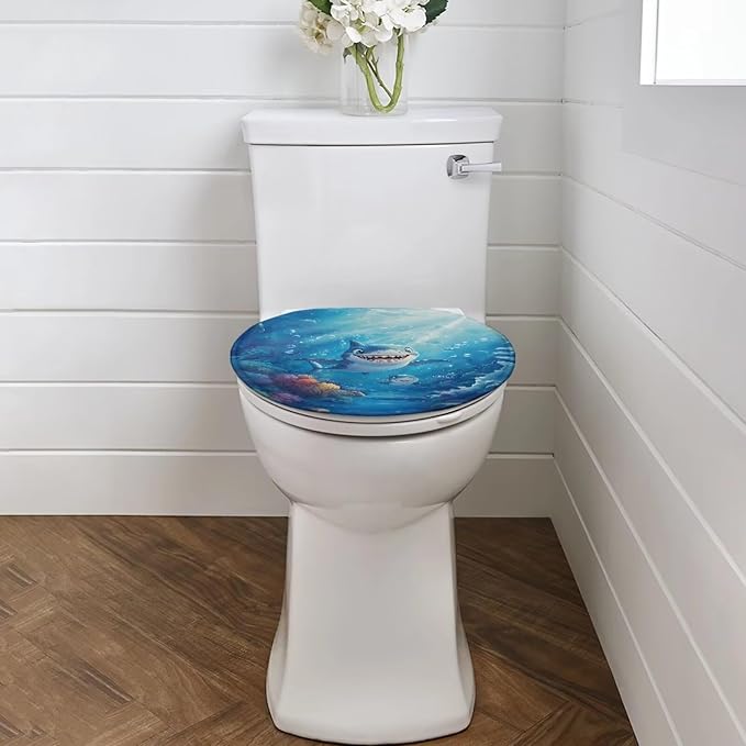 Funny Cartoon Shark Toilet Seat Covers for Bathroom Flannel Fabric Toilet Cover Set Stretch Washable Protector Cover Suitable for Home School Hotel Dormitory Apartment
