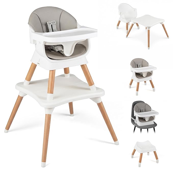 BABY JOY High Chair, 9-in-1 Convertible Highchairs for Babies and Toddlers, Booster Seat | Table & Chair Set | Stool, Adjustable Legs, Removable Tray, Safety Harness & PU Cushion (Gray)