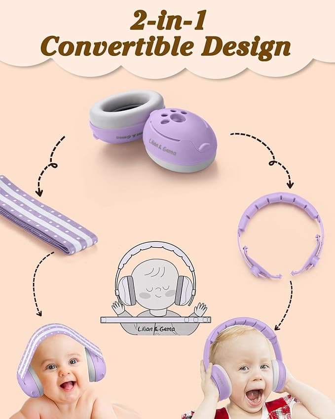 Lilian&Gema 2-in-1 Baby Ear Muffs Noise Protection up to 48 Months - Baby Airplane/Travel Essentials - Adjustable Noise Reduction Earmuffs - Ear Protection Headphones for Infant & Toddler, Purple