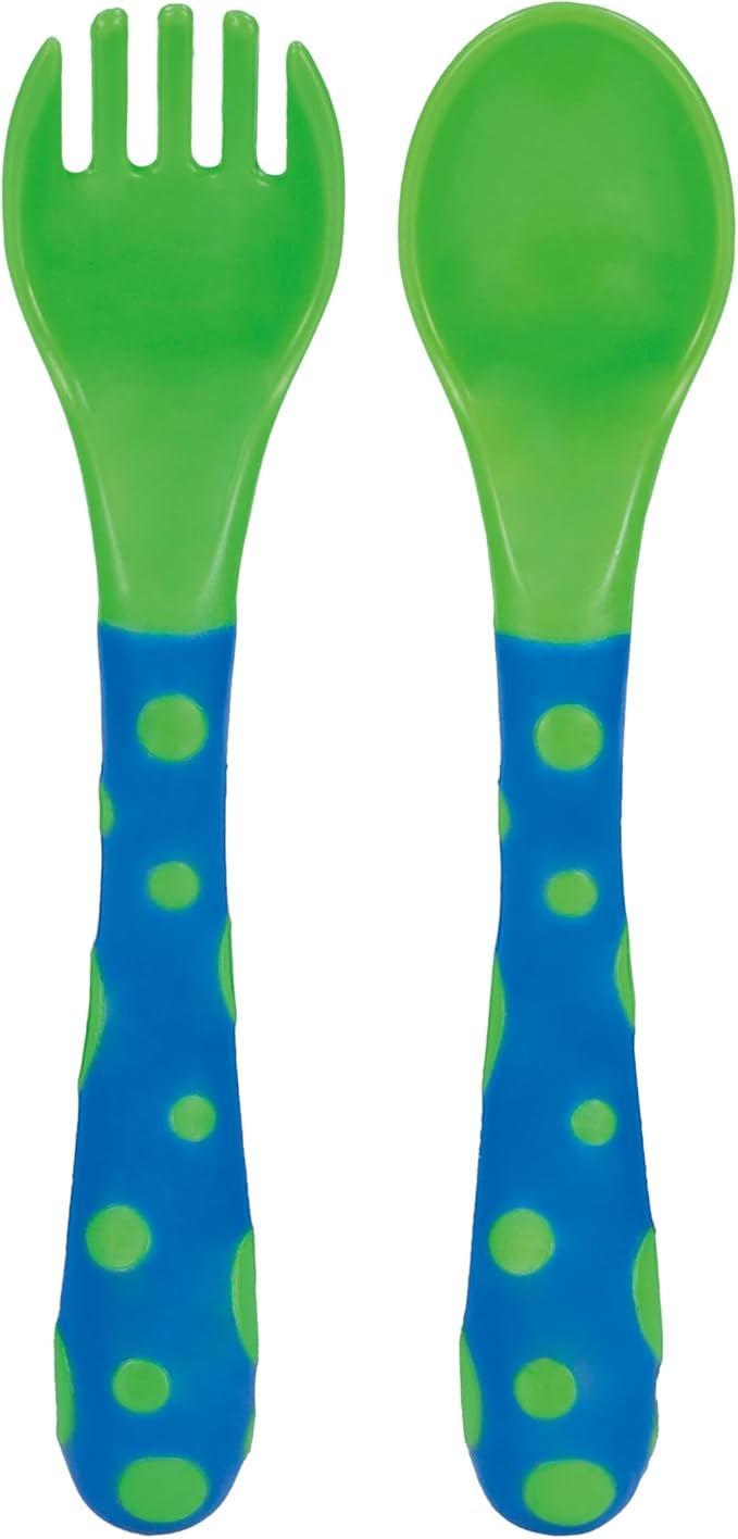 Nuby Toddler Spoons and Forks Set for Self-Feeding - 4 Pack - Toddler Utensils with Easy Grip Handles for Kids - Dishwasher Safe - 12+ Months - Yellow/Orange & Blue/Green
