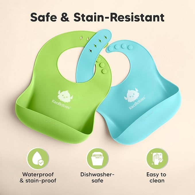 KeaBabies 2-Pack Silicone Bibs for Babies, Toddlers Girl, Boy – Sturdy Food-Grade Baby Bibs for Eating, Large Food Catcher, Clean & Put On Easily, Waterproof Toddler Feeding Essentials (Cloud Nine)
