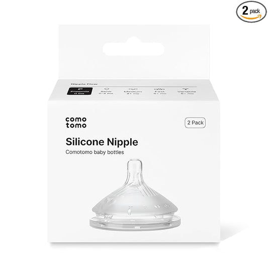 Comotomo Silicone Replacement Nipples for Baby Bottle Gen 2 (2026 Release) - Soft, Silicone Nipples with Dual Anti-Colic Vents Designed for Natural Latch (Pack of 2), Preemie Flow (0+ Months)