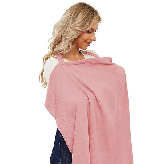 Muslin Nursing Cover for Baby Breastfeeding, Breathable Privacy Nursing Covers for Mom 100% Cotton Breastfeeding Cover with Rigid Hoop for Mother Nursing Apron (Rose Pink)