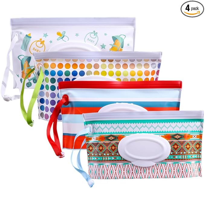 4PCS Baby Wipes Dispenser Travel Baby Wipe Holder Portable Wet Wipe Dispenser Bag Reusable Travel Baby Wipes Container Refillable Wet Wipe Carrying Case Holder Wet Wipe Pouch