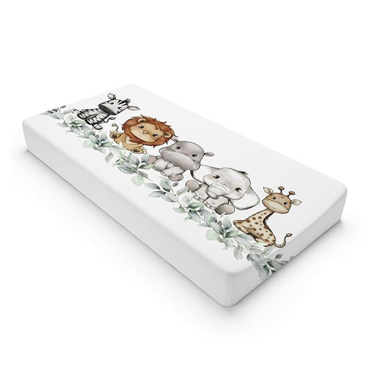 Baby Safari Animals Changing Pad Cover Cute Lion Elephant Giraffe Zebra Hippo Boho Green Leaves Change Table Pad Cover for Boys Girls Soft Stretch Fitted Diaper Changing Mat Sheets 32''x16''