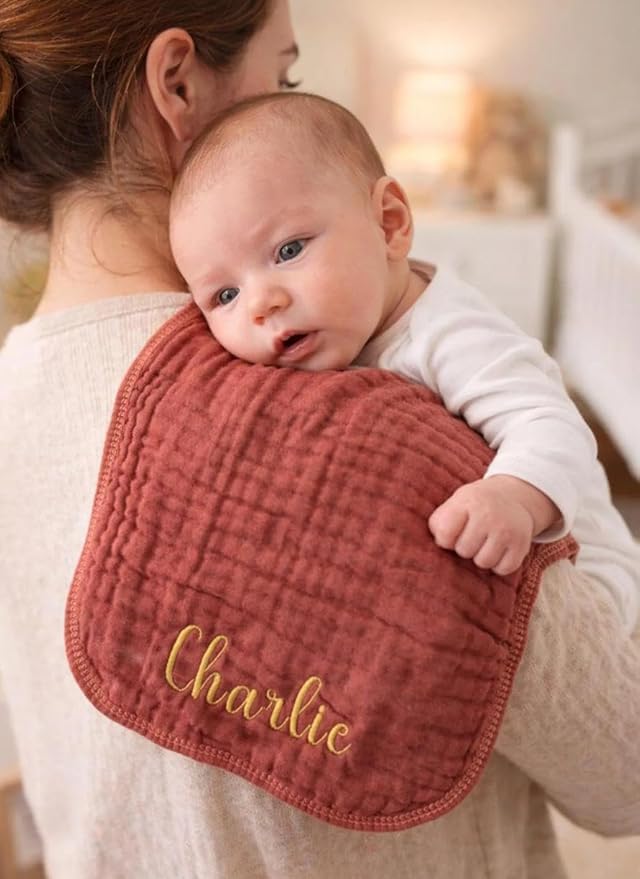 Personalized Muslin Burp Cloth with Embroidered Name For Baby Boy & Girl 6-Layer 100% Cotton Burping Cloths for Babies, Soft & Plush Newborn Spit Up Rags, Infant Towels for Milk Spit Up (Wine)