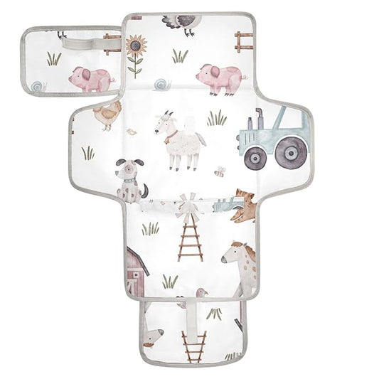 Farm House Animals Portable Diaper Changing Pad - Waterproof Foldable Baby Diaper Changing Pad with Built-in Pillow, Travel Diaper Changing Mat for Newborn Baby