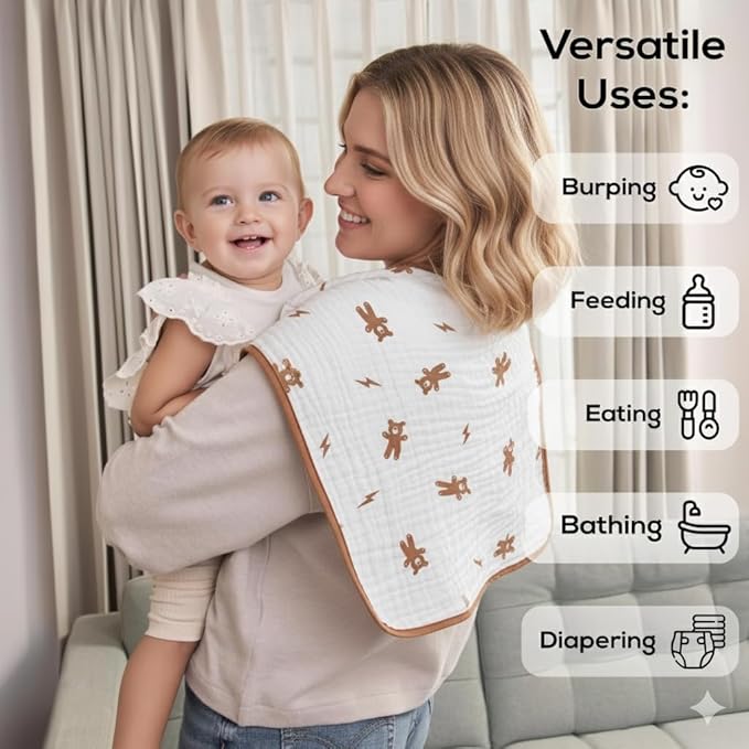 Muslin Burp Cloths, 20"x10"- Pack of 8, 6 Layers Super Soft Absorbent & Breathable 100% Cotton for Baby Drool and Messes, Burp Cloth Baby Boy and Burp Cloths Baby Girl