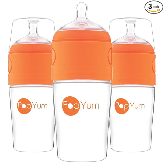 PopYum 9 oz Orange Anti-Colic Formula Making/Mixing/Dispenser Baby Bottles, 3-Pack with #2 Medium Flow Nipples, 260 ml, BPA-Free, Natural Latch