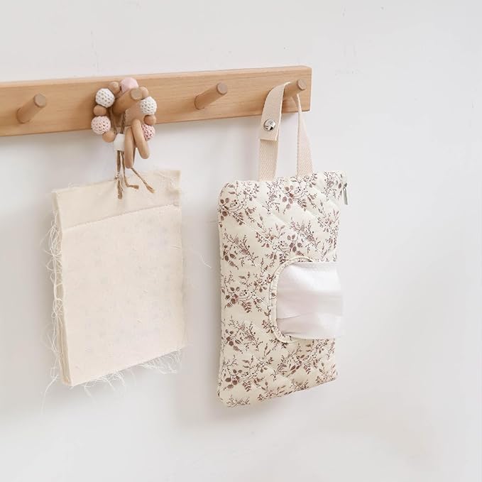 Quilted Baby Wipe Holder, Canvas Floral Quilted Pouch with Hanging Strap, Portable Diaper Wipe Holder for Travel Stroller-Beige