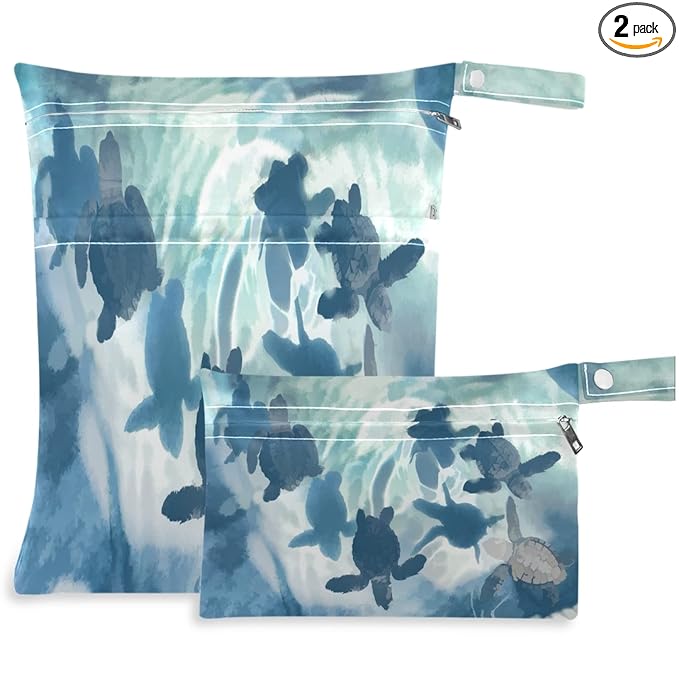 visesunny Sea Turtle in Blue 2Pcs Wet Bag with Zippered Pockets Washable Reusable Roomy for Travel,Beach,Pool,Daycare,Stroller,Diapers,Dirty Gym Clothes, Wet Swimsuits, Toiletries