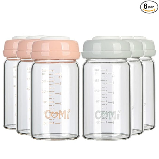 COMI Wide Neck Glass Breastmilk Collection n Storage Bottle, 4 Packs, 6oz with Screw Ring Sealing Disk; Re-markable Sealing Disc. BPA Free, Fits Breast Pumps & Nipples (3 Gray Lids + 3 Pink Lids)