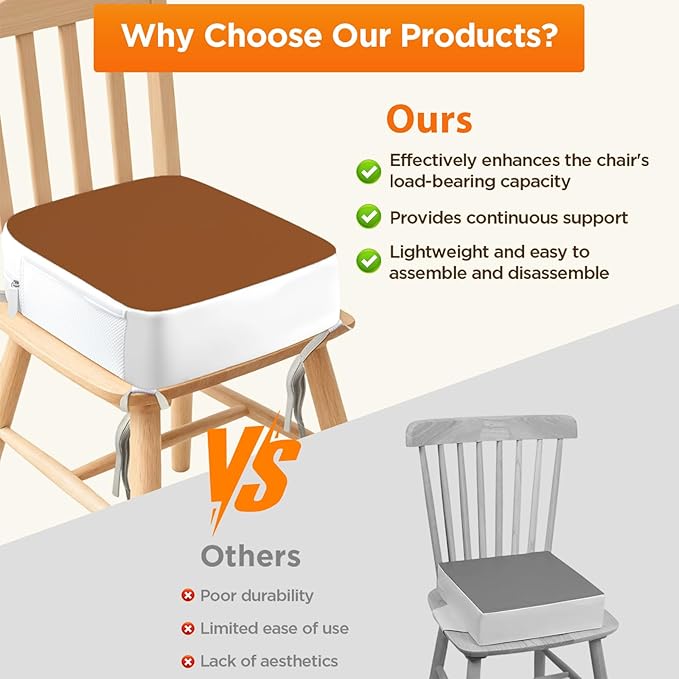Booster Seat for Kitchen Chair, 3.8" Toddler Booster Seats for Dining Table with Ties, PU Dining Booster Seat with Side Pockets, Non-Slip & Removable Table Booster Seat Increasing Cushion (Brown)