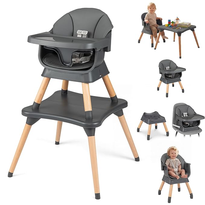 HONEY JOY 9-in-1 Baby High Chair, Convertible Wood Highchair for Babies and Toddlers/Dining Booster Seat/Table & Chair Set, Toddler Stool w/5-Point Safety Harness, Removable Cushion & Tray (Dark Gray)