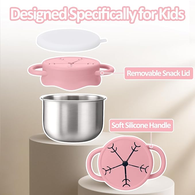 BUSOHA 2 Pack Stainless Steel Toddler Snack Cups - 12 OZ Spill-Proof Baby Snack Containers with Silicone Catcher and Lid Travel Snack Containers for Kids Food Grade Silicone Dishwasher Safe