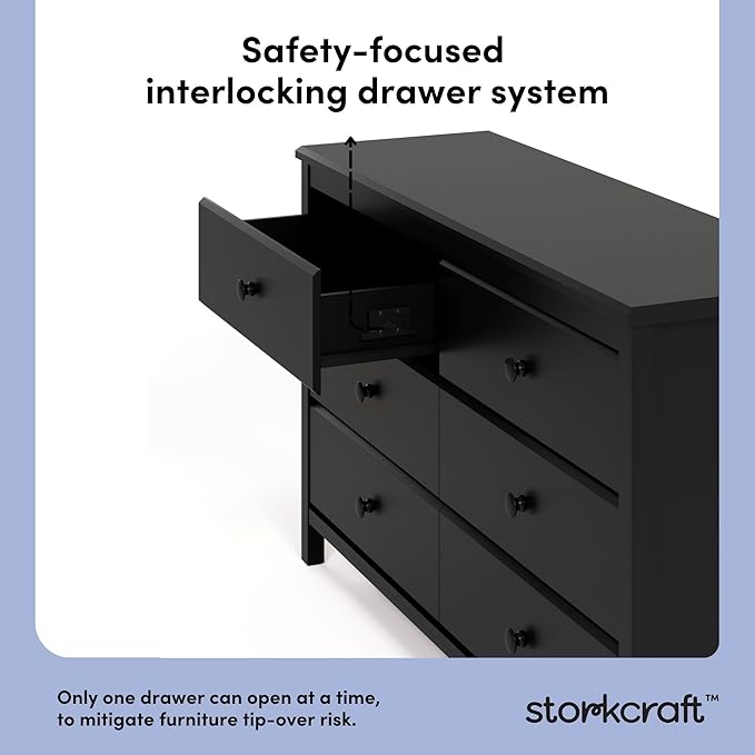 Storkcraft Alpine 6-Drawer Dresser (Black) – GREENGUARD Gold Certified, Black Dresser for Bedroom, Kids & Nursery Storage Drawers, Safety Interlocking Drawers, Pre-Installed Tracks, Kids Bedroom