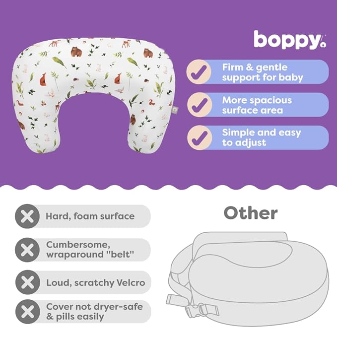 Boppy Nursing Pillow - Firm, Ergonomic U-Shaped Bottle and Breastfeeding Pillow with High Lift for Comfort and Support, Spacious Surface - Neutral Plants and Animals
