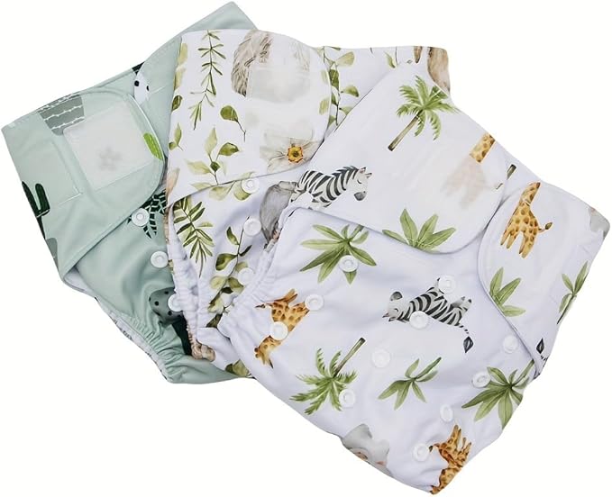 3 pcs Hook and Loop Fasteners Design Baby Reusable Cloth Diapers with 3 Microfier Inserts (Animals Prints)