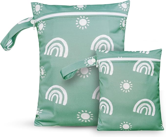 2 Pcs Wet Bags Waterproof Reusable Zippered Pocket Cloth Diaper Wet Dry Bags for Travel Beach Pool Swim, Baby Diapers,Gym Yoga Wet Clothes,Swimsuit,water wipes(Rainbow Green)
