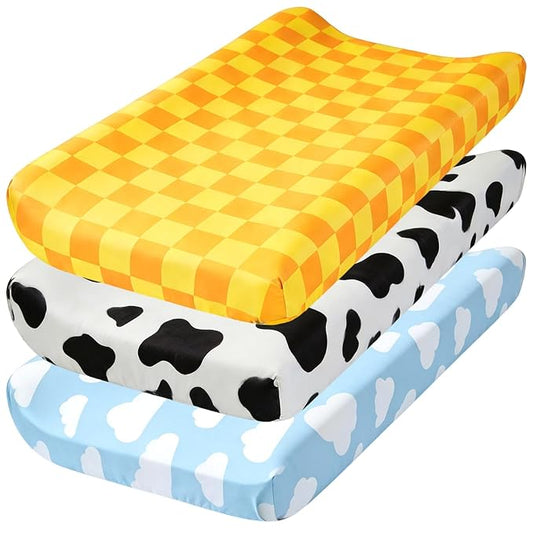 3 Pack Baby Changing Pad Cover for Boys Girls Blue Sky and White Cloud Cow Print Nursery Diaper Change Table Sheets Fitted 32''x16'' Changing Table Pad Bassinet Mattress