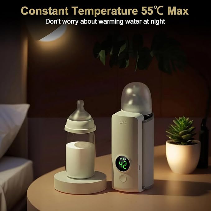 TeqHome Portable Bottle Warmer for Travel, Instant Heating & Constant Warming, Portable Baby Bottle Warmer On The Go for Breastmilk, Large Capacity Battery-Powered & Rechargeable, Temperature Display