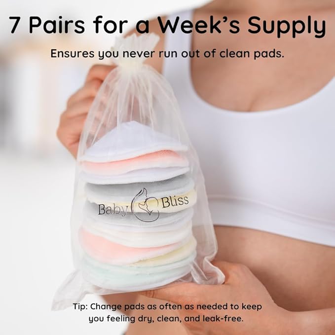 Organic Nursing Pads - 14 Washable Viscose Derived from Bamboo Breastfeeding Pads, Reusable Breast Pads for Breastfeeding, Nipple Pads with Wash Bag (3-Layers, Pastel Touch, 4.7")