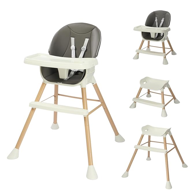 JOYMOR 5 in 1 Convertible Baby High Chair, Highchair for Babies and Toddlers, Easy Clean, Infant Highchair with Removable Double Tray & 5-Point Harness (Gray)