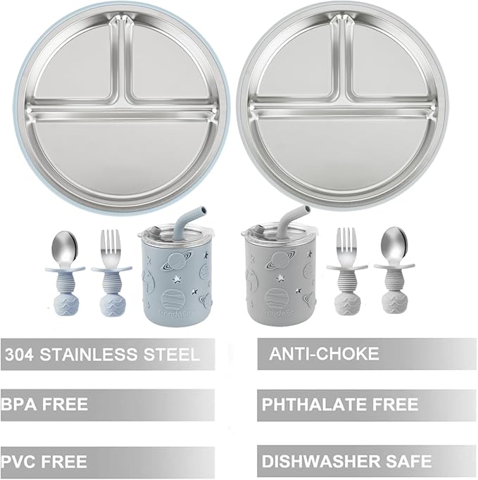 PandaEar Stainless Steel Baby Feeding Set | 2 Divided Suction Plates, 2 Spill-Proof Straw Cups with Silicone Sleeves, 2 Forks & 2 Spoons | Toddler Utensils for Baby Led Weaning, BPA-Free (Blue & Grey)