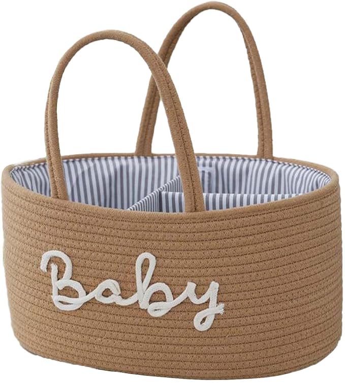 Diaper Caddy Organizer, Cotton Rope Baby Storage Basket, Nursery Diaper Organizer With Divider, Portable Diaper Storage - Hemp Yellow