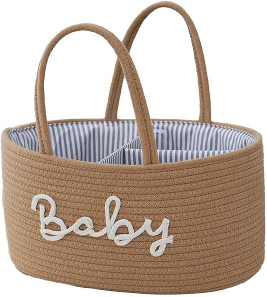 Diaper Caddy Organizer, Cotton Rope Baby Storage Basket, Nursery Diaper Organizer With Divider, Portable Diaper Storage - Hemp Yellow