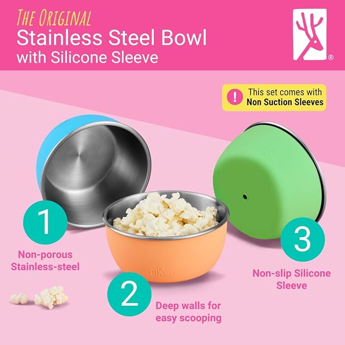Elk and Friends Stainless Steel Bowls + Silicone Sleeve and Storage Lid | Baby, Toddler, Kids | Cereal & Snack Bowls | Storage Containers | Dishwasher Safe | 4 Pack