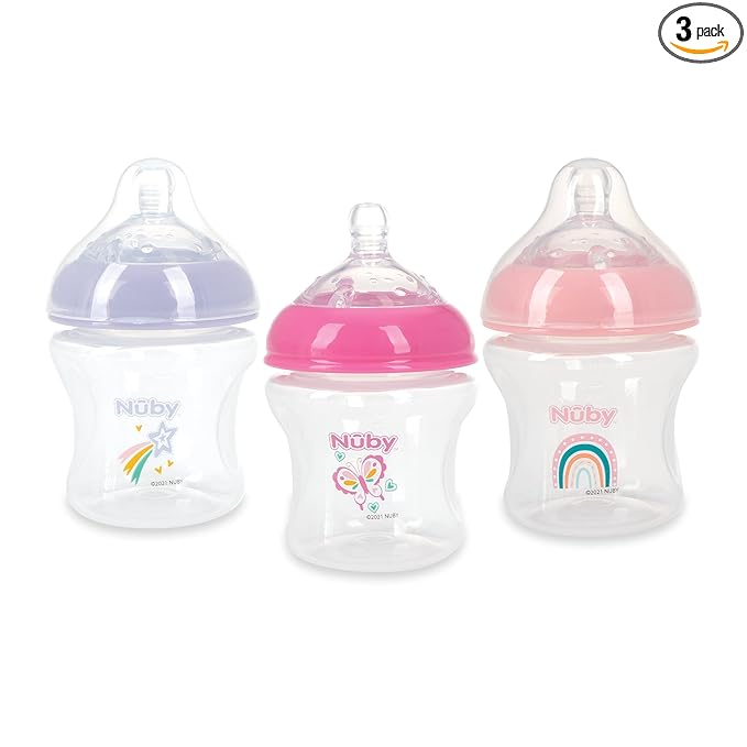 Nuby 3-Pack Infant Feeding Bottles with Slow Flow Breast Size Silicone Nipple: 0+ Months, 6oz, 3 Pack Set: Delicate Star, Rainbow, Butterfly Prints