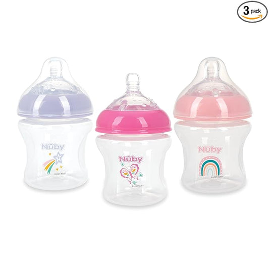Nuby 3-Pack Infant Feeding Bottles with Slow Flow Breast Size Silicone Nipple: 0+ Months, 6oz, 3 Pack Set: Delicate Star, Rainbow, Butterfly Prints