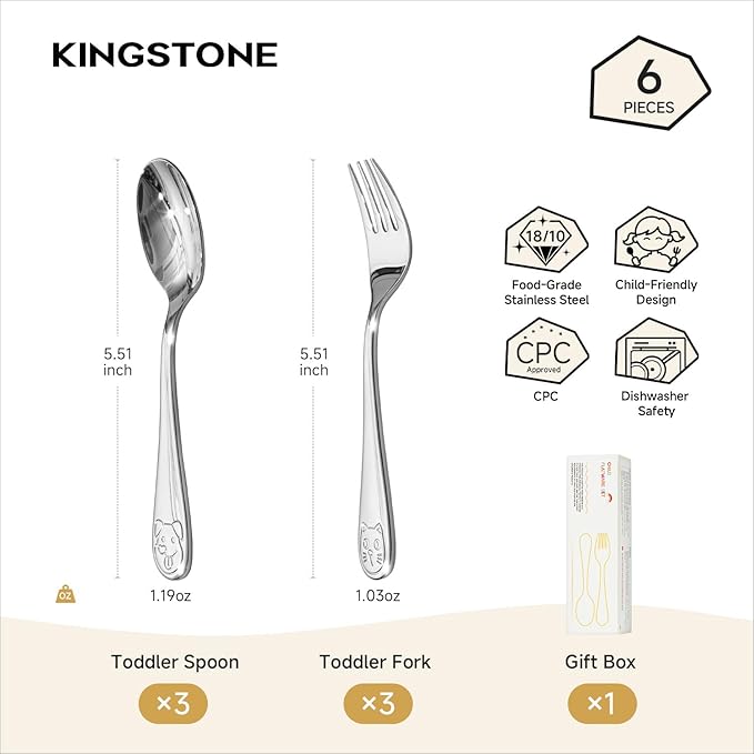 KINGSTONE Toddler Utensils Set, 6-Piece Small Forks & Spoons, 18/10 Stainless Steel, Cat & Dog Print, Ergonomic Self-Feeding Kids Flatware for Home, Travel & Preschool