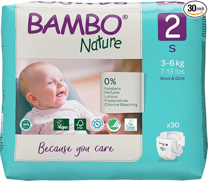 Bambo Nature Hypoallergenic Baby Diapers, Eco-Labeled Diapers, Enhanced Leakage Protection, Totally Chlorine-Free, Skin Friendly, and Super Absorbent - Size 2 (30 Count)