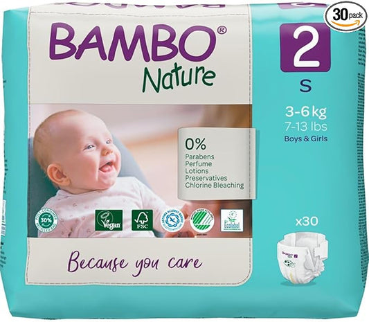 Bambo Nature Hypoallergenic Baby Diapers, Eco-Labeled Diapers, Enhanced Leakage Protection, Totally Chlorine-Free, Skin Friendly, and Super Absorbent - Size 2 (30 Count)