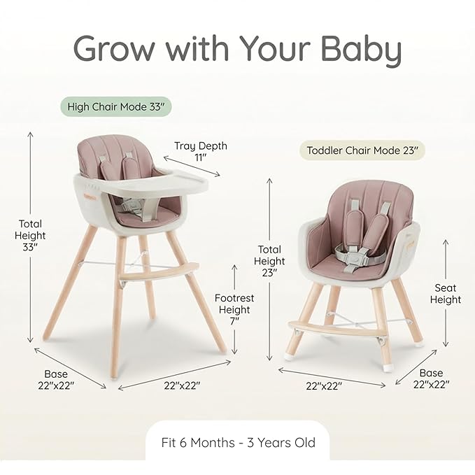 Mallify 3-in-1 Wooden High Chair, Convertible High Chairs for Babies and Toddlers, Baby Highchair with Adjustable Legs & Dishwasher-Safe Tray, Sleek Hardwood & Premium PU Cushion, Pink