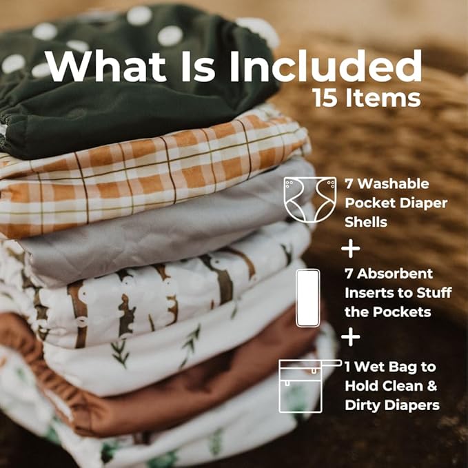 Nora's Nursery Cloth Diapers 7 Pack with 7 Inserts & 1 Wet Bag - Waterproof Cover, Washable, Reusable & One Size Adjustable Pocket Diapers for Newborns and Toddlers - Woodlands