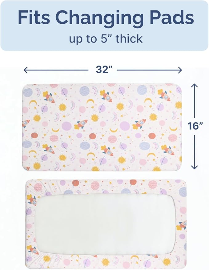 Changing Pad Cover - Pack of 2 Soft Unisex Diaper Change Microfiber Table Sheets - Fits 32"x16" Contoured Pad - Changing Pad Cover for Baby Boys & Girls - Snug, Machine Washable - Oeko-Tex, Space Girl