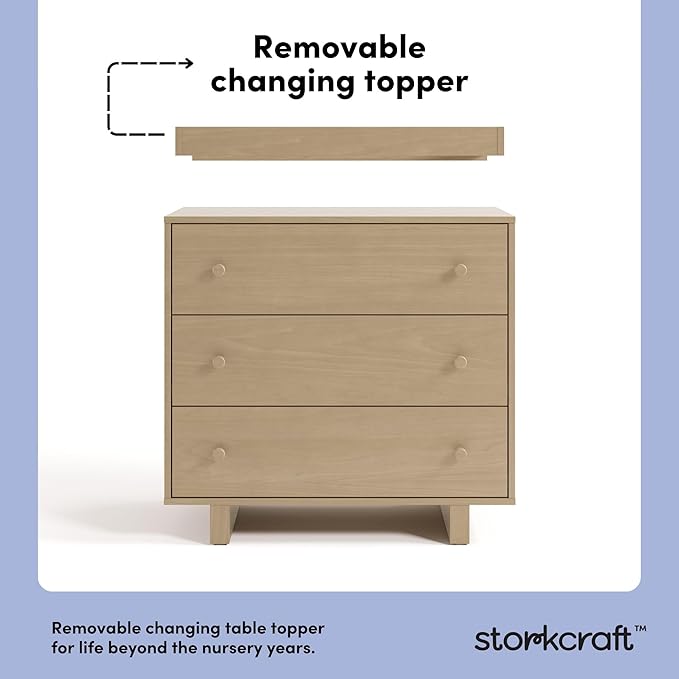 Storkcraft Texas 3 Drawer Chest with Removable Changing Table Topper (Driftwood) – GREENGUARD Gold Certified Baby Dresser, Interlocking Drawer System for Nursery & Kids’ Bedroom Dresser