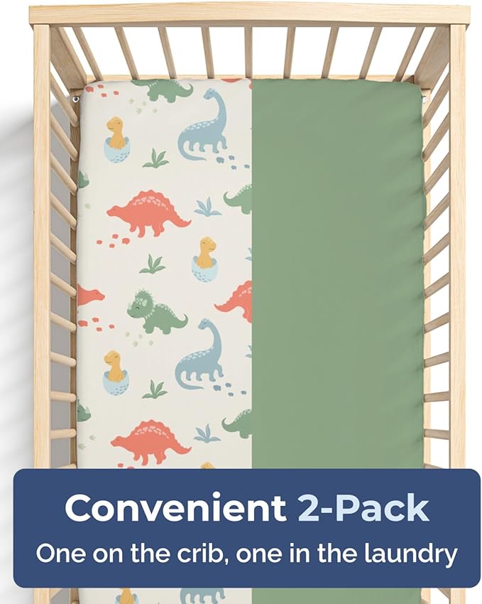 Baby Crib Sheets for Boys & Girls - Pack of 2 Fitted Microfiber Crib Sheets for Standard Crib & Toddler Mattress - Soft, Breathable & Wrinkle Free - Machine Washable, Oeko Tex - 52x28x8in - Dino Land