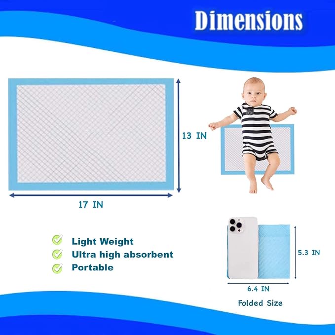 100 Pack Baby Disposable Changing Pad Liners, 17 inches x 13 inches, Breathable Skin-Friendly, Leakproof Quick Drying, high Absorbent Diaper Changing Pads