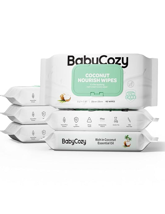 Baby Wipes, Cleansing & Moisturizing 2-in-1 Babycozy Sensitive, 100% Plant Fiber & Biodegradable, Hypoallergenic Baby Coconut Wipes Moisturize Every Cleanse, 240 count (6 pack)