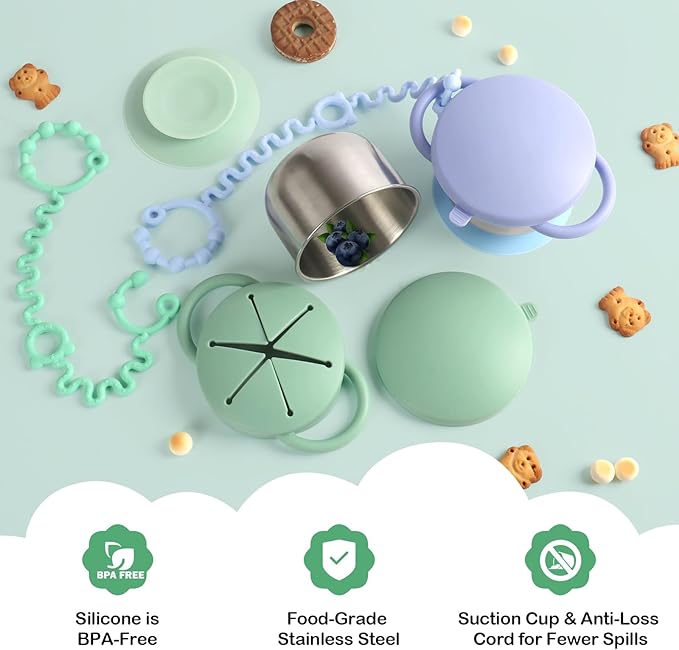 Daximo 2 Pack Toddler Snack Cups — 5-in-1 Snack Cups for Toddlers Spill Proof with Suction Cup and Anti-Loss Rope, Detachable Stainless Steel Cups with Silicone Lids & Handles (Blue and Green)