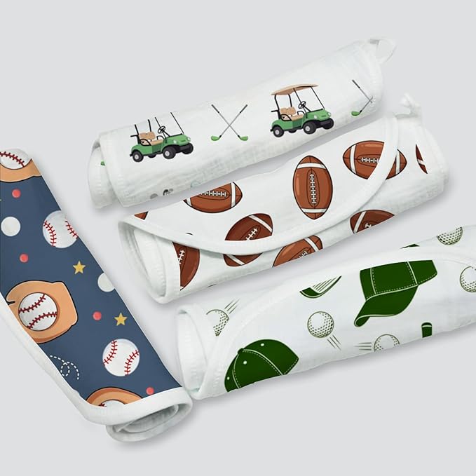 5pcs Sports Ball Burp Cloths for Baby Boys Girls 100% Cotton Football Baseball Soccer Golf Cart Themed Burp Rags, Muslin Burping Cloths Absorbent Spit-Up Cloths for Infant Newborns