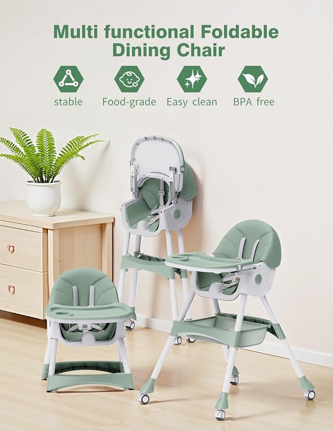 High Chairs for Babies and Toddlers, 4 in 1 Convertible Baby High Chair, Portable High Chair for Travel with Adjustable Height and Back, Foldable HighChair with Wheels& Pu Cushion