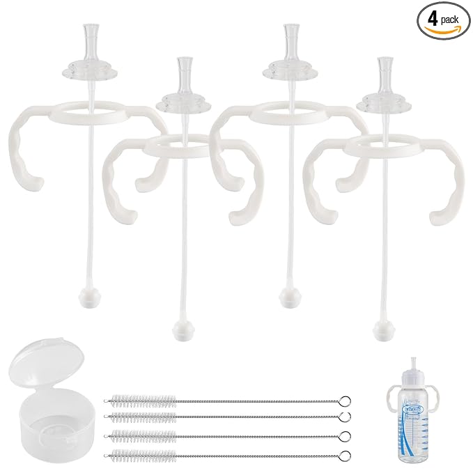 Straw Cup Conversion Kit for Dr Browns Narrow and Narrow Glass Baby Bottles, Spill-Proof Transition Kit with Silicone Straw Nipple, Weighted Straw, Handle, 4 Pack, 8m+